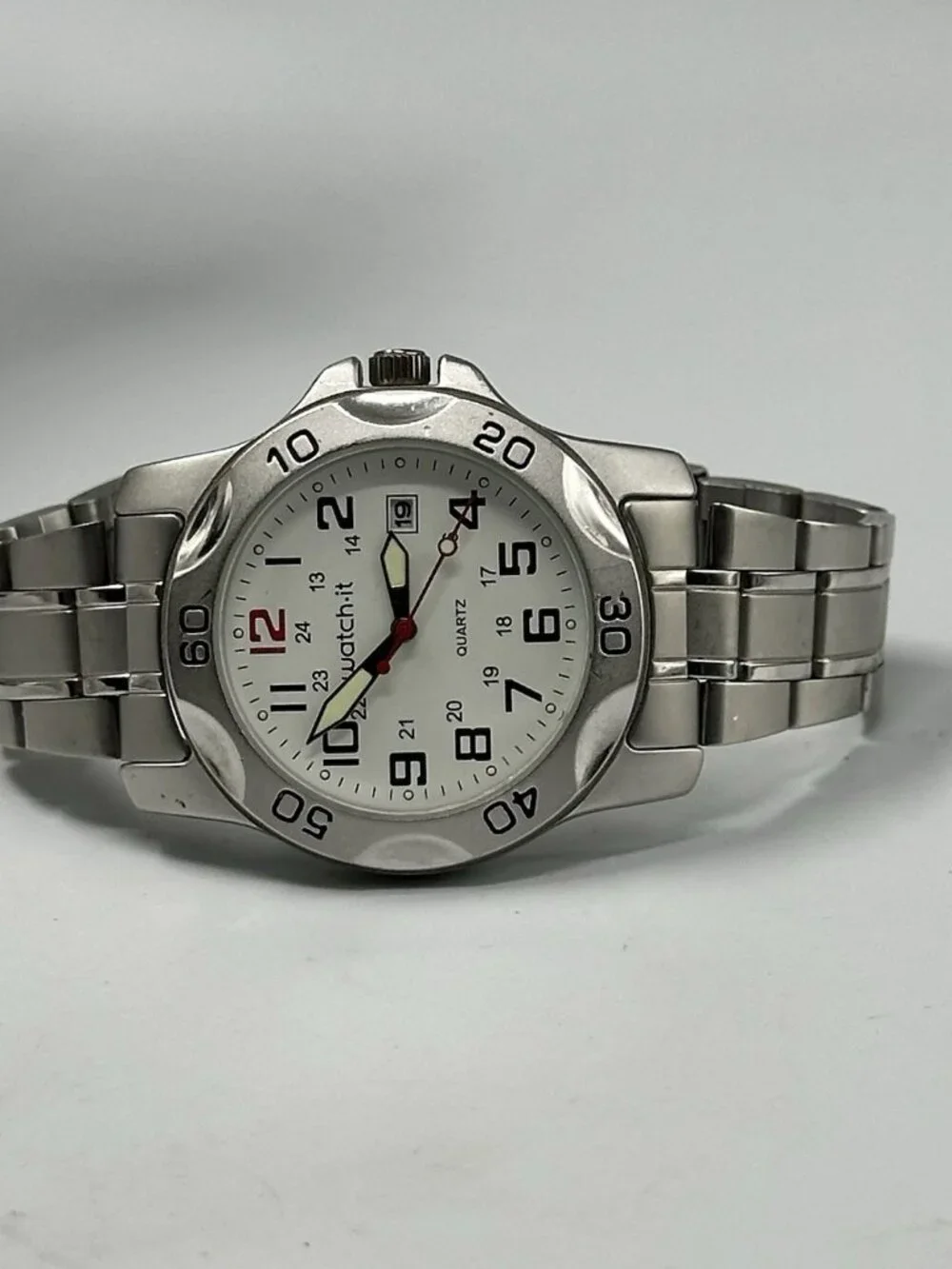 Watch-It Men’s Watch Silver Tone White Dial Date Window New Battery 8